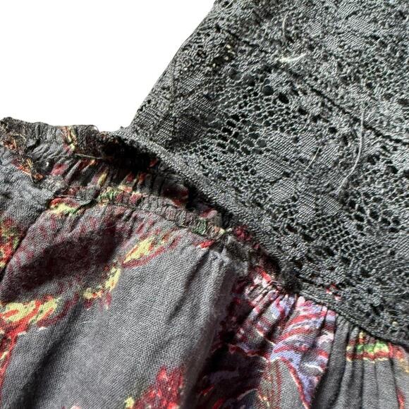 Boho Floral Embroidered Lace Peasant Blouse Gray Long Sleeve Festival Top XS - Picture 5 of 8